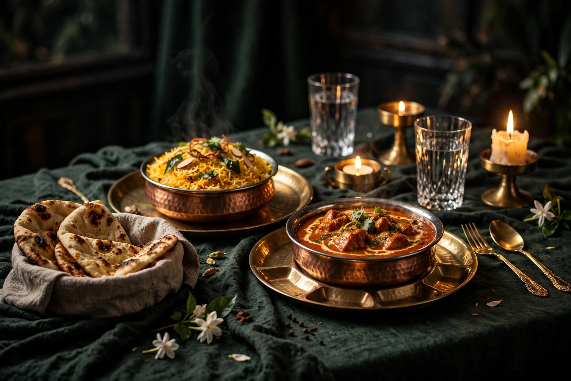 A candlelit royal Indian dining table with brass thali, biryani and curries