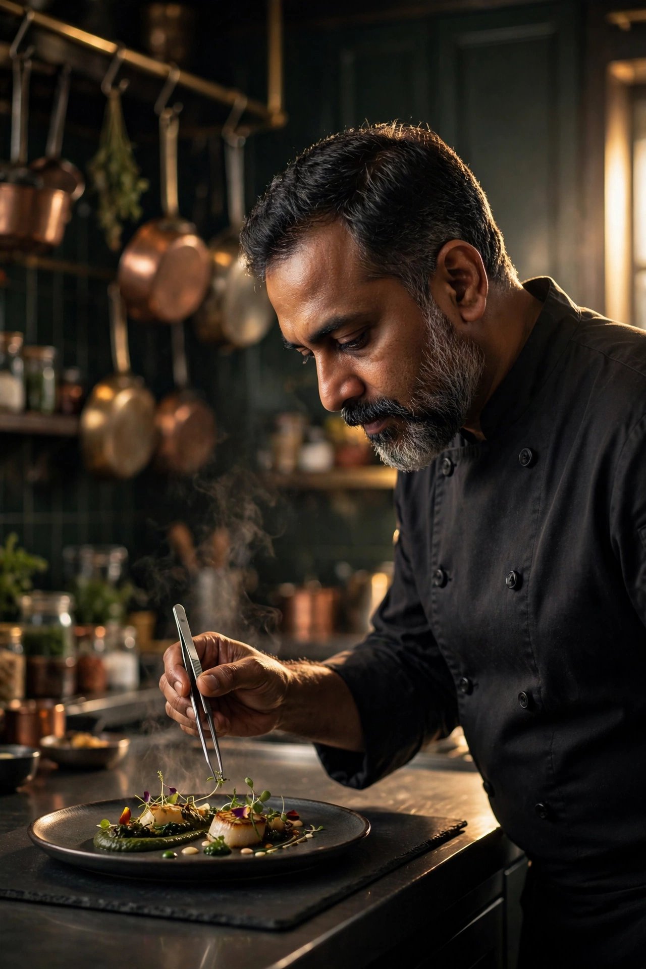 Head chef plating a dish in the Royal Taste kitchen
